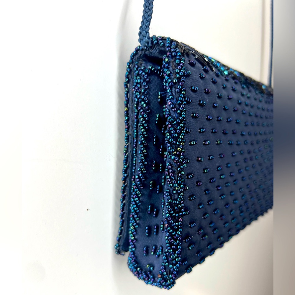 Vintage 1960s Genie Cross Body Beaded Purse Black/Navy Blue/Silver Evening Bag - Picture 11 of 16